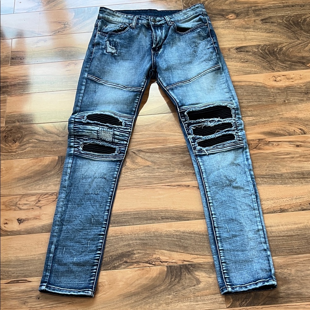 Y&R Men’s Size 30 Moto Skinny Jeans Distressed Light Wash Denim